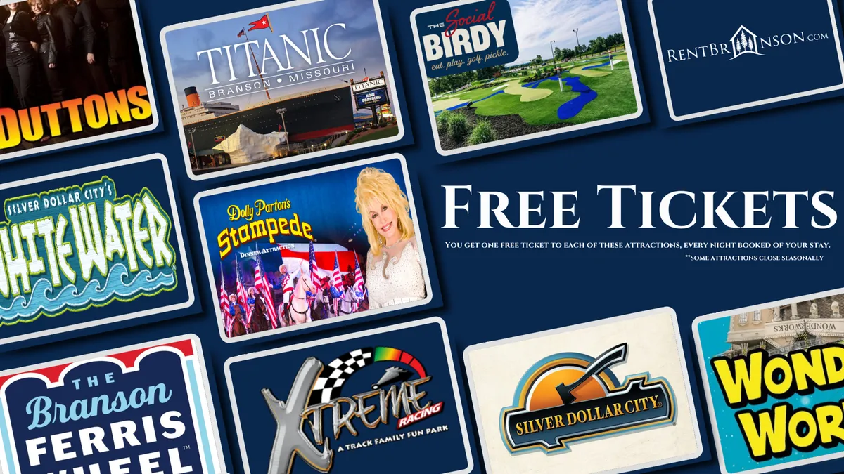 This image features vibrant signage promoting free tickets, with attraction logos and colorful designs that evoke the excitement of local theme parks and family-friendly activities. The dynamic composition suggests adventure and memorable experiences waiting nearby.